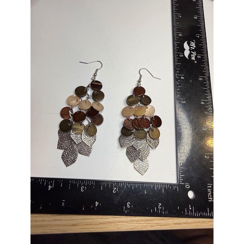 Boho Shell Disc and Silver Tone Metal Leaf Chandelier Drop Earrings Earthy Brown